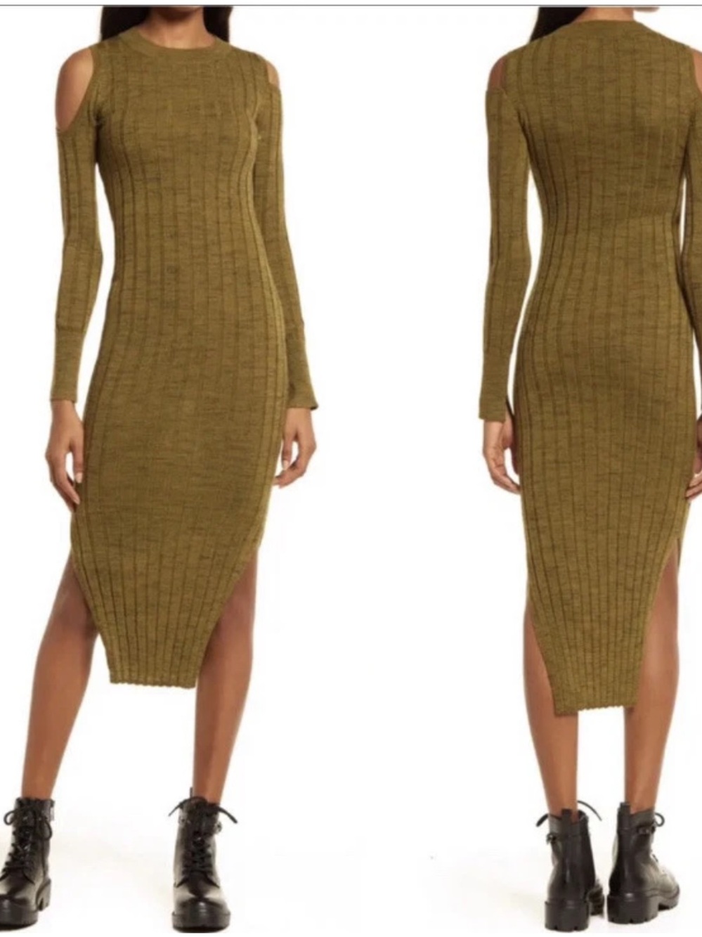 AllSaints Daina Cold Shoulder 100% Merino Wool Sweater Dress Olive‎ Green Sz L